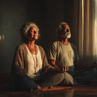 Grupo de adultos mayores en clase de yoga mostrando flexibilidad y bienestar